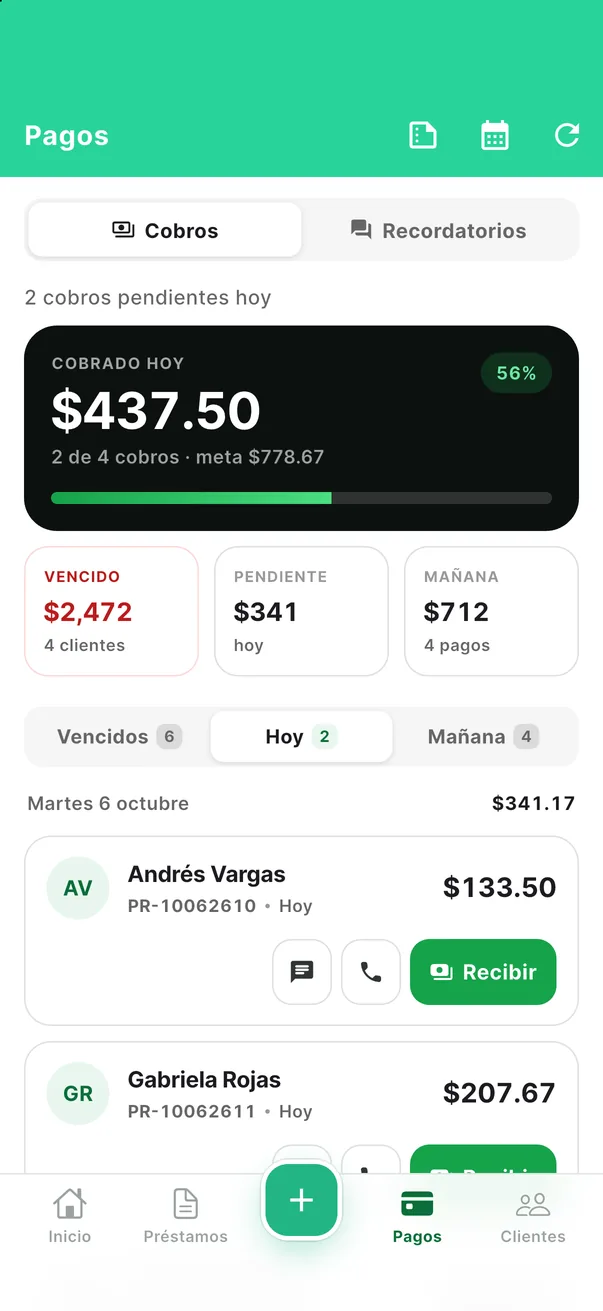 Payments screen: collected today, overdue, pending, tomorrow’s collections and the Receive button