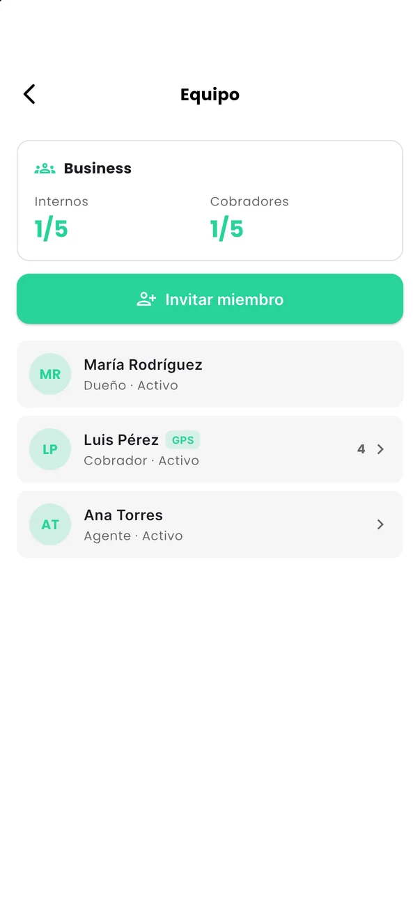 Team screen with the Business plan’s staff and collector users