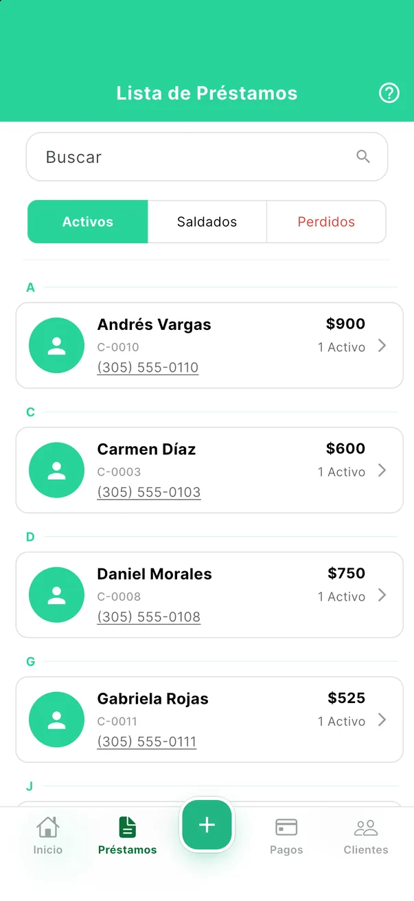 Loans list in the app: active loans by customer with the amount outstanding