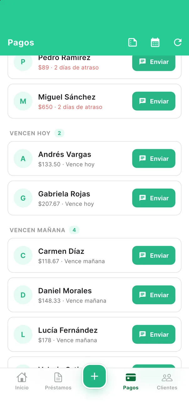 Reminders queue: overdue customers with the Send and Send in a row buttons